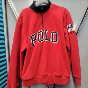 Polo Ralph Lauren Mens Large Red 1/4-Zip Fleece Pullover Sweater USA Flag Patch